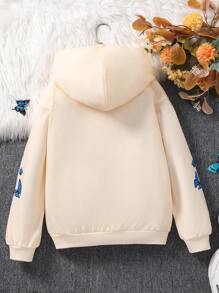 Tween Girl Hooded Butterfly Print Zip-Up Sweatshirt Jacket With Pockets, Fall/Winter - Apricot - View 2