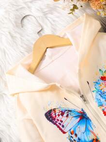 Tween Girl Hooded Butterfly Print Zip-Up Sweatshirt Jacket With Pockets, Fall/Winter - Apricot - View 4