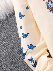Tween Girl Hooded Butterfly Print Zip-Up Sweatshirt Jacket With Pockets, Fall/Winter - Apricot - View 5