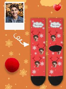 1 Pair Customized Face Print Mid-Calf Socks, Couple Socks, Customizable Photo, Fun Couple Socks, Comfortable & Breathable, Creative Cartoon Design, Perfect Gift For Holidays, Birthdays, Valentine's Day, Funny & Unique, Anime Style, Multi-Color Options, Santa Claus & Valentine's Day Gift, Amusing & Personalized, Anime Style - Multicolor - View 2