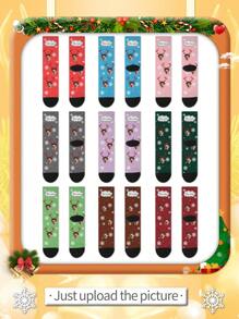 1 Pair Customized Face Print Mid-Calf Socks, Couple Socks, Customizable Photo, Fun Couple Socks, Comfortable & Breathable, Creative Cartoon Design, Perfect Gift For Holidays, Birthdays, Valentine's Day, Funny & Unique, Anime Style, Multi-Color Options, Santa Claus & Valentine's Day Gift, Amusing & Personalized, Anime Style - Multicolor - View 4
