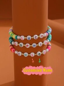 1 件可爱时尚个性化英文名字字母定制波西米亚风弹力串珠手链，适合儿童、朋友、家人、生日派对珠宝，适合女孩的返校/毕业季礼物，甜美可爱的派对珠宝和生日礼物，适合返校冬季礼物创意男孩女孩情人节 - 彩色 - 查看 3