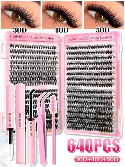 640PCS Individual Lash Clusters High Capacity 30D+40D+50D D Curl 9-16mm DIY Lash Clusters Natural Look&Extra Thick&Wispy&Ultra Soft&Super Light Reusable Individual Segmented False Eyelashes Eyelash Extension Kit With Makeup Tools Bond And Seal&Lash Tweezers&Lash Brush For Self Use At Home Or On-The-Go For Daily Life&Wedding&Dating&Party&Music Festival&Halloween Lash Clusters Kit,Lashes,Eyelashes,Fake Lashes