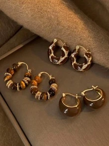 3 对复古纹理 U 形女式环形耳环，设计简约优雅 - 彩色的 - 查看 1