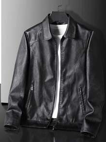 Men's Casual Business PU Leather Jacket, Turndown Collar, Fashionable Loose Plus Size Coat