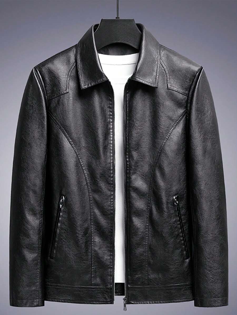 Men's Casual Business PU Leather Jacket, Turndown Collar, Fashionable Loose Plus Size Coat