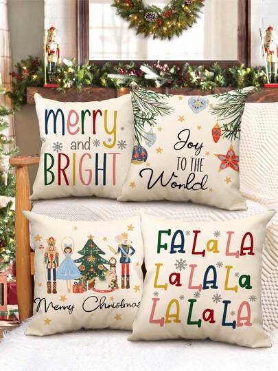 1 件/4 件亚麻胡桃夹子、树、雪花、冬季你好印花靠垫套、枕套、房间装饰、卧室装饰、沙发装饰、无枕芯圣诞节圣诞装饰圣诞装饰品圣诞装饰