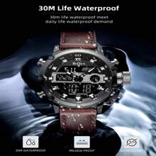 BIDEN 1pc Men's Outdoor Sports Digital Watch LED Backlit Calendar, Week, Time, Timer, Waterproof, Alarm Clock 12/24-Hour Dual Display Electronic Quartz Watch - Brown - View 9