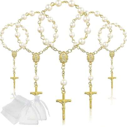 Set de 10 piezas de regalo de bautizo, pulsera de perlas falsas con colgante de cruz, favor de fiesta de cumpleaños y regalo conmemorativo, favor de fiesta de bautizo y boda, regalo de bautizo para mujer, regalo de fiesta de cumpleaños, regalo de fiesta de boda, despedida de soltera, fiesta de aniversario, fiesta temática, Halloween, Navidad, Acción de Gracias y regalos y decoraciones del festival de la cosecha, temporada de otoño, cantidad aleatoria de perlas, color dorado
