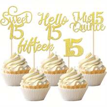 15 件 15 岁生日纸杯蛋糕装饰闪光 Hello 15 Mis Quince 纸杯蛋糕精选十五个甜蜜 15 蛋糕装饰 15 岁生日周年派对装饰用品金色 - 黃金 - 查看 6