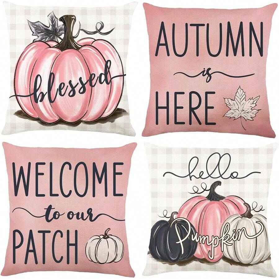 4pcs Autumn Decoration Pumpkin Pillow Cover Autumn Decoration Thanksgiving Pillow Pillow Cover Pillow Pillowcase Cushion Cover 45.72 X 45.72 Cm No Pillow Core - Pink - View 1