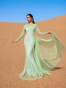Faeriesty Đầm dạ hội sang trọng với lớp voan voan phủ ngoài, kiểu đuôi cá, đính cườm tinh tế, thích hợp cho tiệc cưới hoặc các dịp trang trọng khác. - Màu xanh Bạc hà - Xem 6