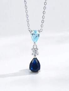 1件925纯银蓝色锆石水滴吊坠项链，女士结婚订婚首饰 - 銀色 - 查看 3