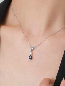 1件925纯银蓝色锆石水滴吊坠项链，女士结婚订婚首饰 - 銀色 - 查看 2