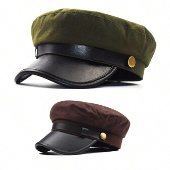 Ladies Casual Beret Hat, Retro Pu Leather Buckle Design Classic Newsboy Cap, Fashion Elegant