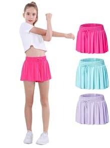 3 Pieces EXARUS Girls Butterfly Shorts Flowy Athletic 2 In 1 Tennis Gym Cheer Skirt Skort Dance Running Preppy Clothes 6-14Y - SET-4 - 查看 1