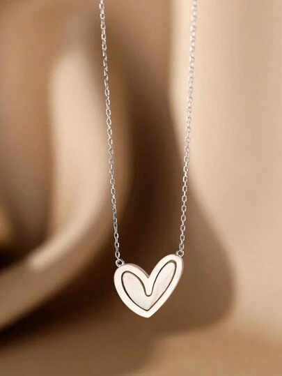 VceTd 1 件不锈钢链项链，带心形吊坠，嵌有白色亚克力切片，适合作为女性情人节礼物