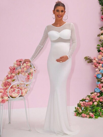 Przezroczysta siateczka Elegancka Jednolita Kolorowa Dopasowana Sukienka Ciążowa Syrena, Sukienka Ciążowa Syrena, Na Imprezę