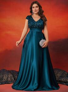 XUIBOL Plus Size Elegant Women Formal Ball Gown Evening Dress With Sequins Splice Satin Fabric, V-Neck, Lantern Sleeves, Pockets, Luxurious Motif, Suitable For Banquet, Party (Heavy Decor) Wedding Guest Dress - 水鴨藍 - 查看 4