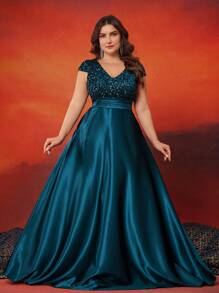 XUIBOL Plus Size Elegant Women Formal Ball Gown Evening Dress With Sequins Splice Satin Fabric, V-Neck, Lantern Sleeves, Pockets, Luxurious Motif, Suitable For Banquet, Party (Heavy Decor) Wedding Guest Dress - 水鴨藍 - 查看 1