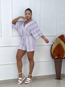 Striped Beachwear Jumpsuit Summer Goare Sleeve - 紫丁香色 - 查看 3