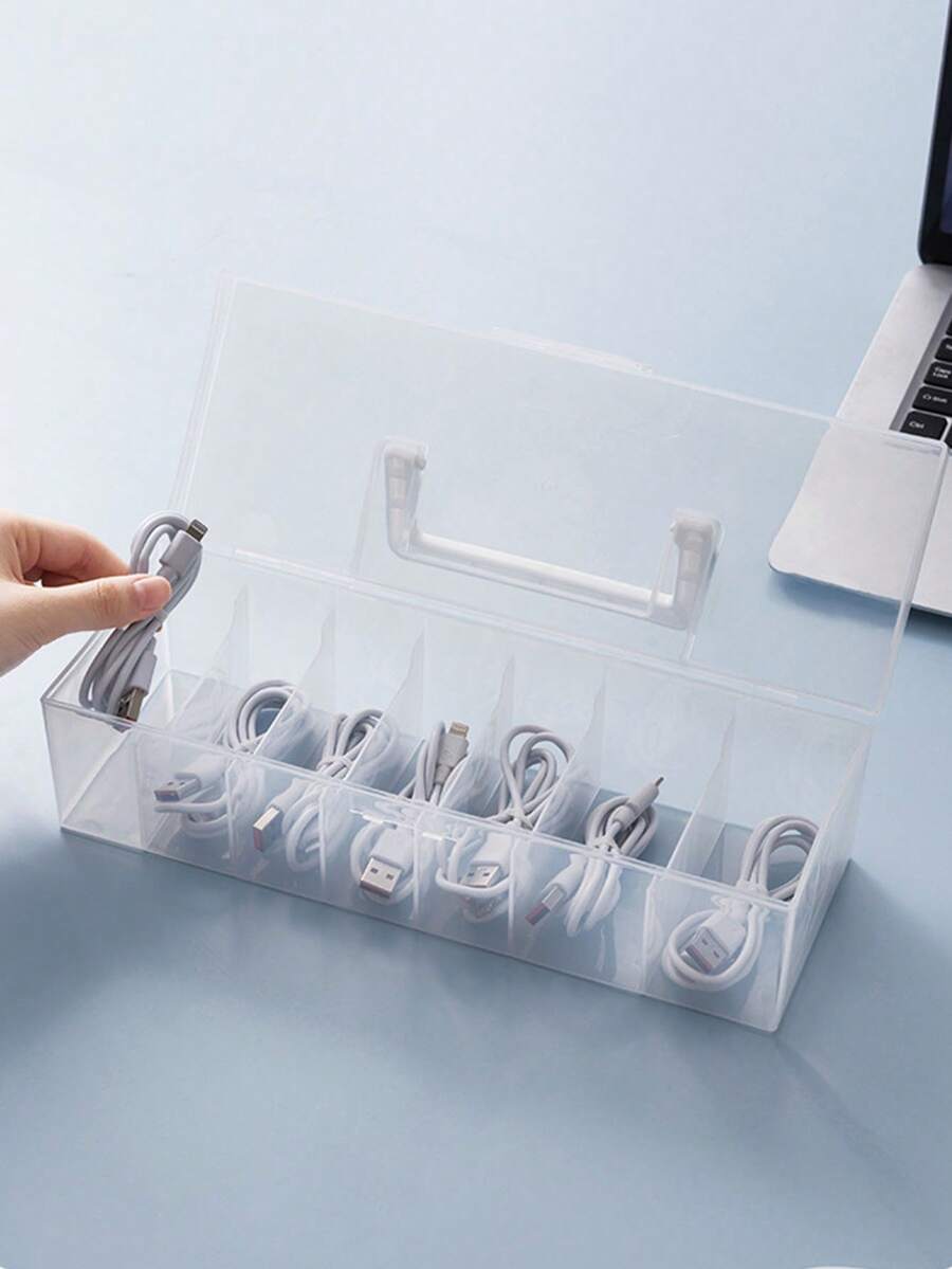 1pc Transparent Cover Data Cable Storage Box, Charging Cable Earphone Desktop Organizer Box, Dust-Proof Cord Winder Container, Desktop Storage Holder