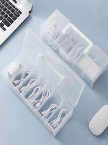 1pc Transparent Cover Data Cable Storage Box, Charging Cable Earphone Desktop Organizer Box, Dust-Proof Cord Winder Container, Desktop Storage Holder