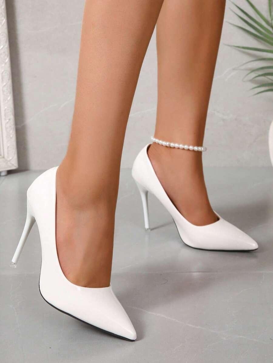 Women Classic Minimalist 10cm Pointed Toe Stiletto Heel Wedding Party Nightclub Shoes - Elegant Banquet Office White Patent Leather High Heels
