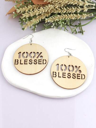 1 Pair Wooden Hollow Letter Earrings, Vintage Bohemian Pattern Wooden Round Earrings