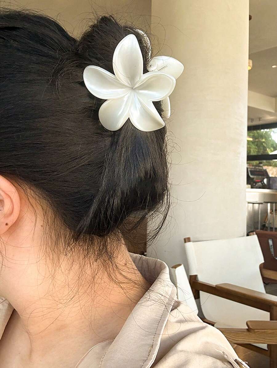 1 件女式仿珍珠白花大号 8.3 厘米/3.27 英寸轻质塑料发夹，时尚百搭高端简约优雅极简纯色发饰，适合日常外出、休闲、派对、通勤、度假、发型、洗脸、化妆、服装搭配发夹爪夹发夹发夹发夹发夹 - 白色 - 查看 1