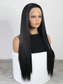 24 英寸直发黑色合成发蕾丝前部自由式假发适合日常佩戴 - 黑色 - 查看 6