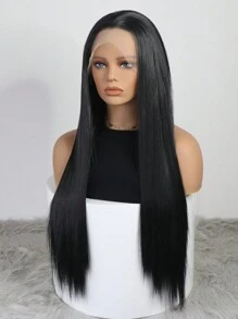 24 英寸直发黑色合成发蕾丝前部自由式假发适合日常佩戴 - 黑色 - 查看 7