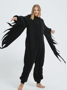 Mothman Cosplay   Cartoon One Piece Pajamas, Unisex Fleece Thickened Hooded Jumpsuit, Fall, Winter, Christmas Animal Cosplay Pajamas, Funny One Piece Outfit For Halloween Party - 黑色 - 查看 5