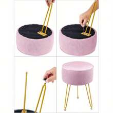 Dressing Table Stool, Round Vanity Stool, Stool Chair For Dressing Table, Makeup Stool With Gold Iron Legs For Bedroom Living Room, Pink - 粉色 - 查看 5