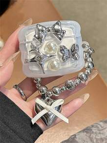 Kawaii Cute 3D Rhinestone Star Pearl Bowknot Clear Wave Border New Headphones Protective Shell Soft Cover Compatible With AirPods 1 2 3 Pro 2 With Pendant