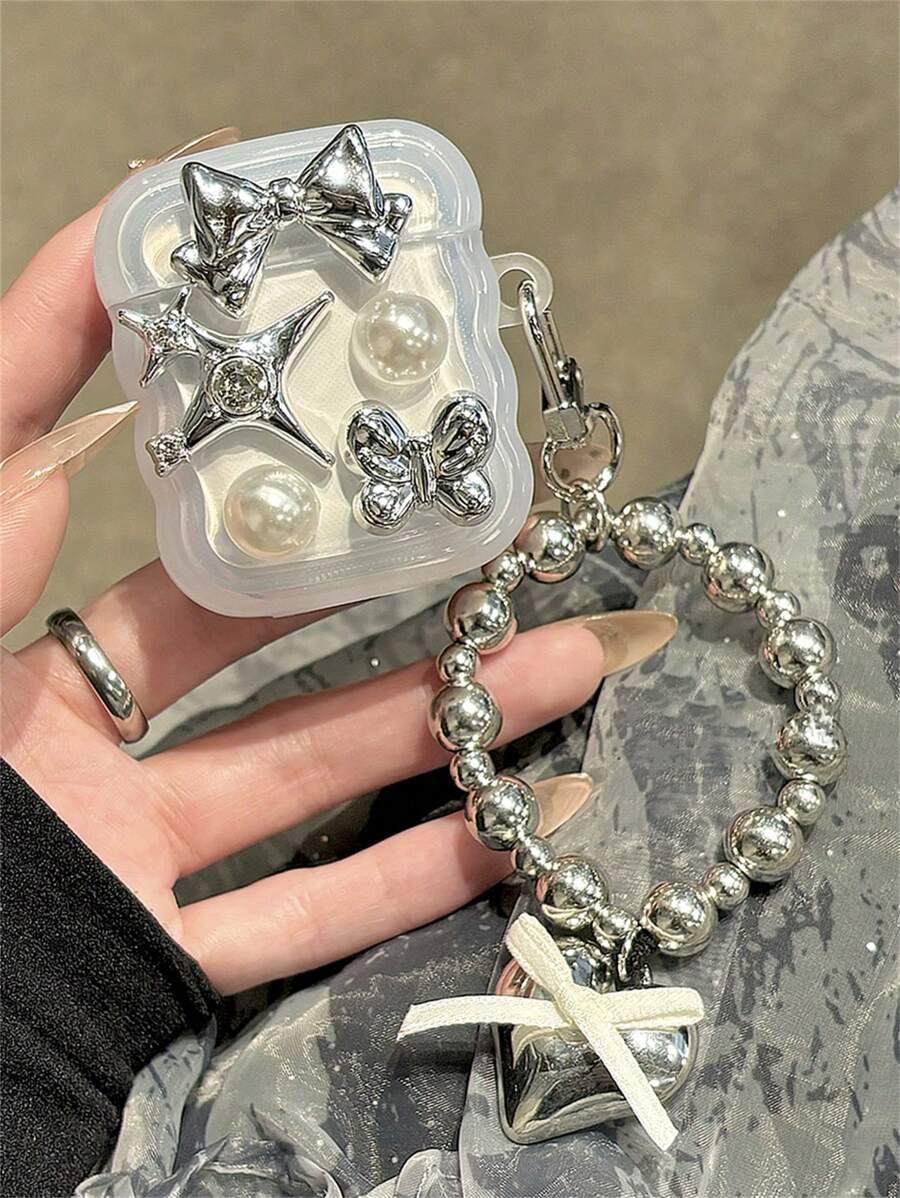 Kawaii Cute 3D Rhinestone Star Pearl Bowknot Clear Wave Border New Headphones Protective Shell Soft Cover Compatible With AirPods 1 2 3 Pro 2 With Pendant