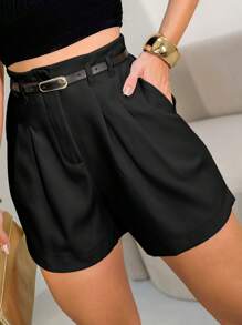 Shein EMILI Women's Tailored Shorts With Detailed Pocket And Belt - 黑色 - 查看 4