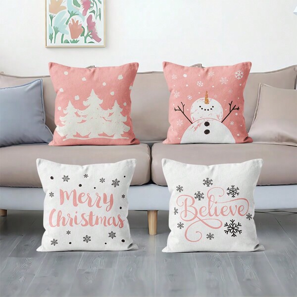 1 peça capa de almofada de pelúcia dupla face com estampa de árvore de Natal e boneco de neve rosa 45x45cm sem enchimento, decoração de Natal para festa, quarto, sala de estar, sofá, carro