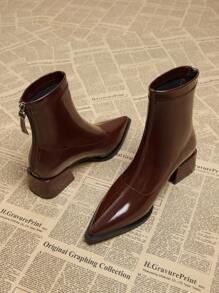 Giày bốt đen tối giản thanh lịch cho nữ mùa thu 2024 kết hợp với váy, giày mũi nhọn đế thấp chunky, bốt cổ ngắn thời trang đa năng dành cho nữ - Màu Đỏ Sâu - Xem 4