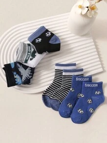 12 双/套男童卡通车辆和足球图案透气柔软舒适休闲运动袜，多种颜色和图案，适合日常穿着或送礼