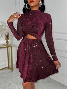 Women's  Sexy Glitter Detail Velvet  A-Line Dress With Hollowed-Out Design At The Waist And Abdomen.