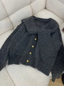 JIANHU Simple Solid Color Long Sleeved Knitted Shawl Two-Piece Cardigan