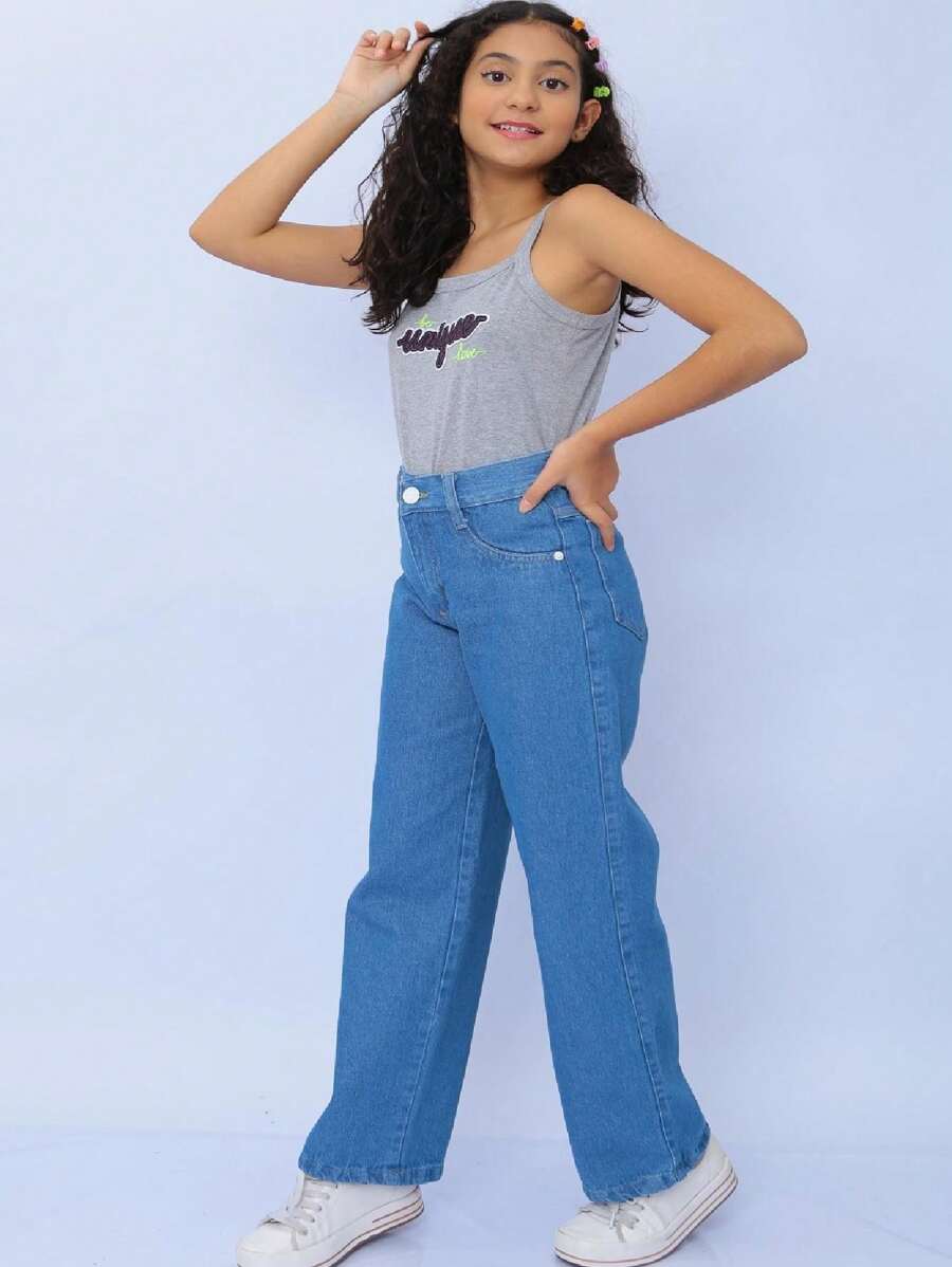 Calça Jeans Infantil Feminina Lisa Tecido Premium - Lavagem escura - Visão 1