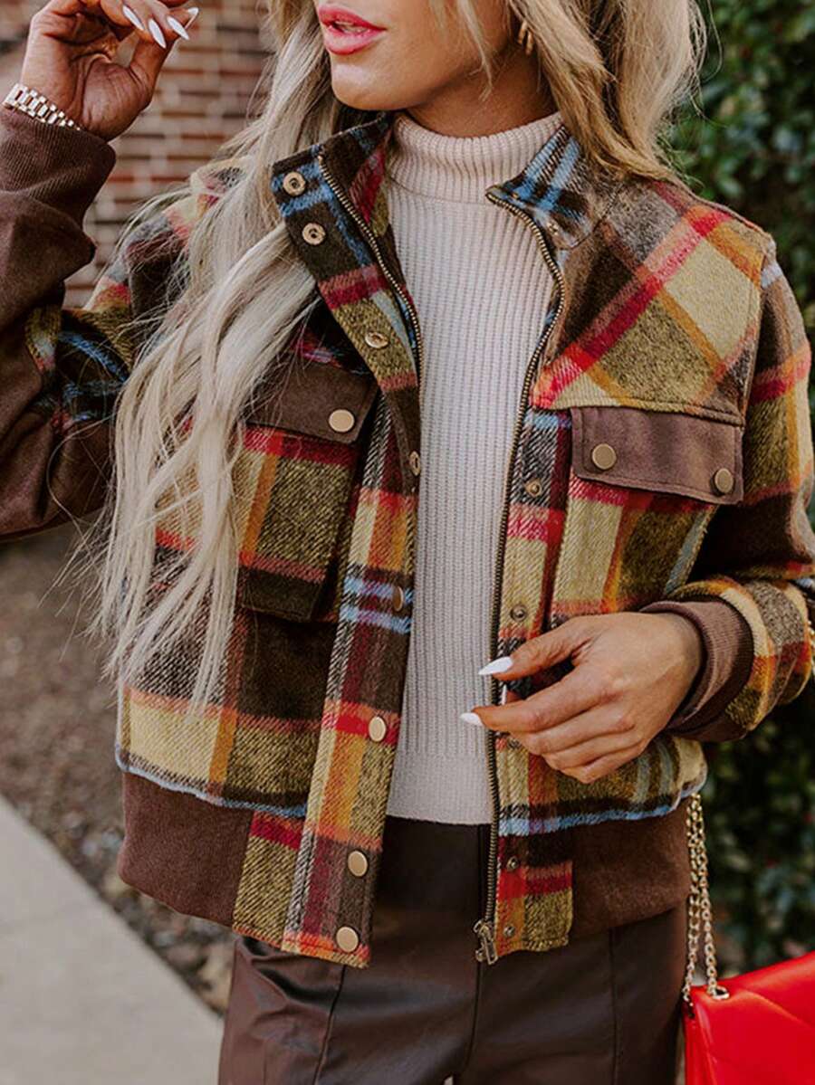 Giacca con collo alla coreana, tasca sul petto, bottoni e cerniera, con stampa tartan - Multicolore - Visualizzare 1