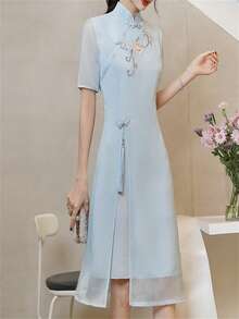 Qipao-Inspired Improved Version Cheongsam Chinese Dress - Blue - View 2