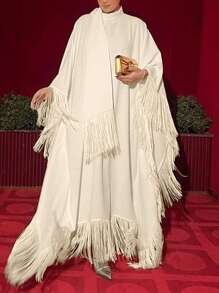 IGKEEL Women's Elegant Batwing Long Sleeve Fringed Loose Kaftan Modest Dress, White, Suitable For Party, Autumn/Winter - Apricot - View 1