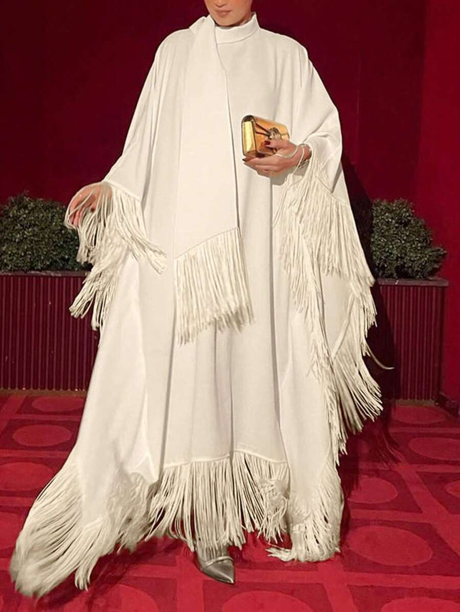 IGKEEL Women's Elegant Batwing Long Sleeve Fringed Loose Kaftan Modest Dress, White, Suitable For Party, Autumn/Winter - Apricot - View 1