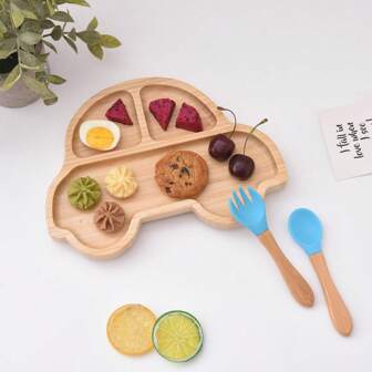 Silicone Suction Bowls & Plates Set, Bamboo Cartoon Kids Anti-Drop Dishware With Silicone Spoon, Bamboo Baby Feeding Dish Set