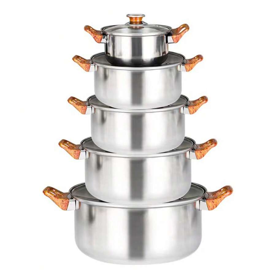 Juego de Ollas de Acero Inoxidable, Juego de Ollas de Doble Oreja de Diez Piezas, Mejor Regalo de Navidad, 5 Sartenes y 5 Tapas, para Navidad y Año Nuevo Chino, Picnic de San Valentín y Senderismo - Plateado - Ver 1