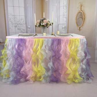 單片雙層綢絹桌裙，波浪搖曳軟紗桌布，適用於長方形或圓桌裝飾，柳樹桌裙為生日派對、新生兒淋浴、婚禮用品